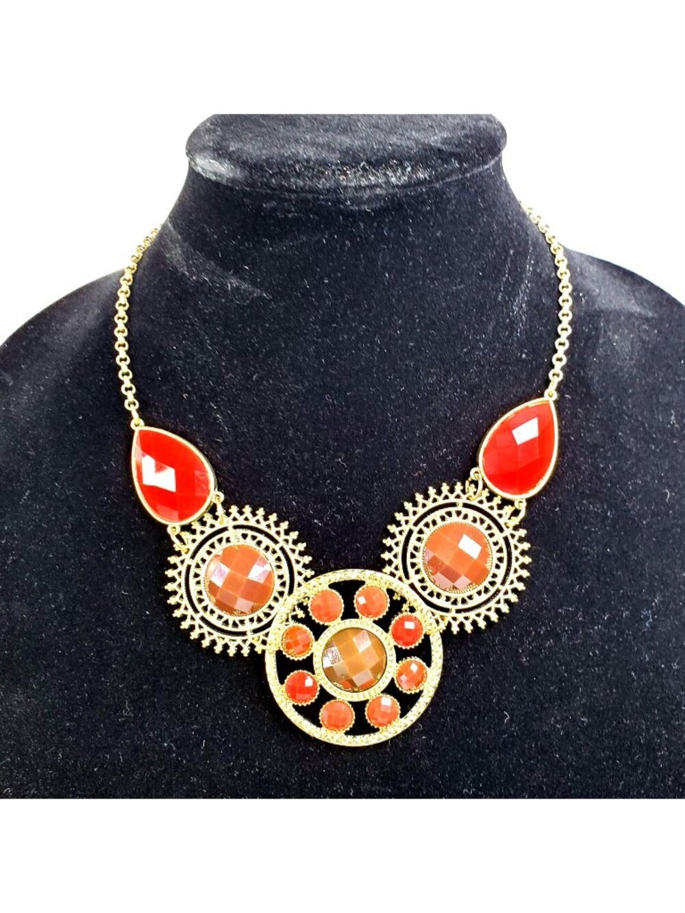 Gold-Tone Statement Bib Necklace With Red & Brown Plastic Faceted Accents